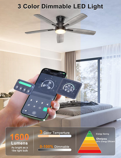 Ohniyou Ceiling Fans with Lights, 52'' Low Profile Ceiling Fan with Light and Remote/APP Control, Modern Flush Mount Ceiling Fan for Indoor Bedroom Living Room, Dimmable, Qiuet DC Motor, Black