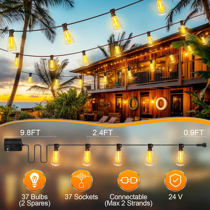 Outdoor Lights String Patio Outside - 100ft 30M LED Waterproof Light - Hanging Lighting ST38 Shatterproof Edison Bulb Deck Backyard Gazebo Balcony Party Bistro Cafe Pergola Garden Yard Porch Dimmable