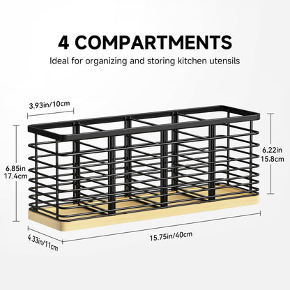 FIGWINET Extra Large Kitchen Utensil Holder, Metal Utensil Organizer with 4 Compartments, Black Cooking Utensil Holder for Kitchen Counter with Wooden Base