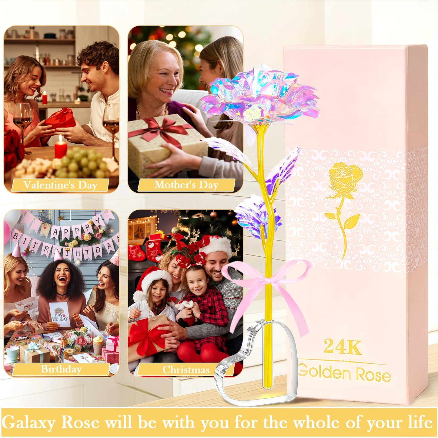 Valentines Day Rose Gifts for Her, Birthday Gifts for Women Mom Galaxy Rose Glass Forever Flowers with Heart-Shaped Base Eternal Crystal Roses Valentine Gifts for Grandma Wife Sister Girlfriend