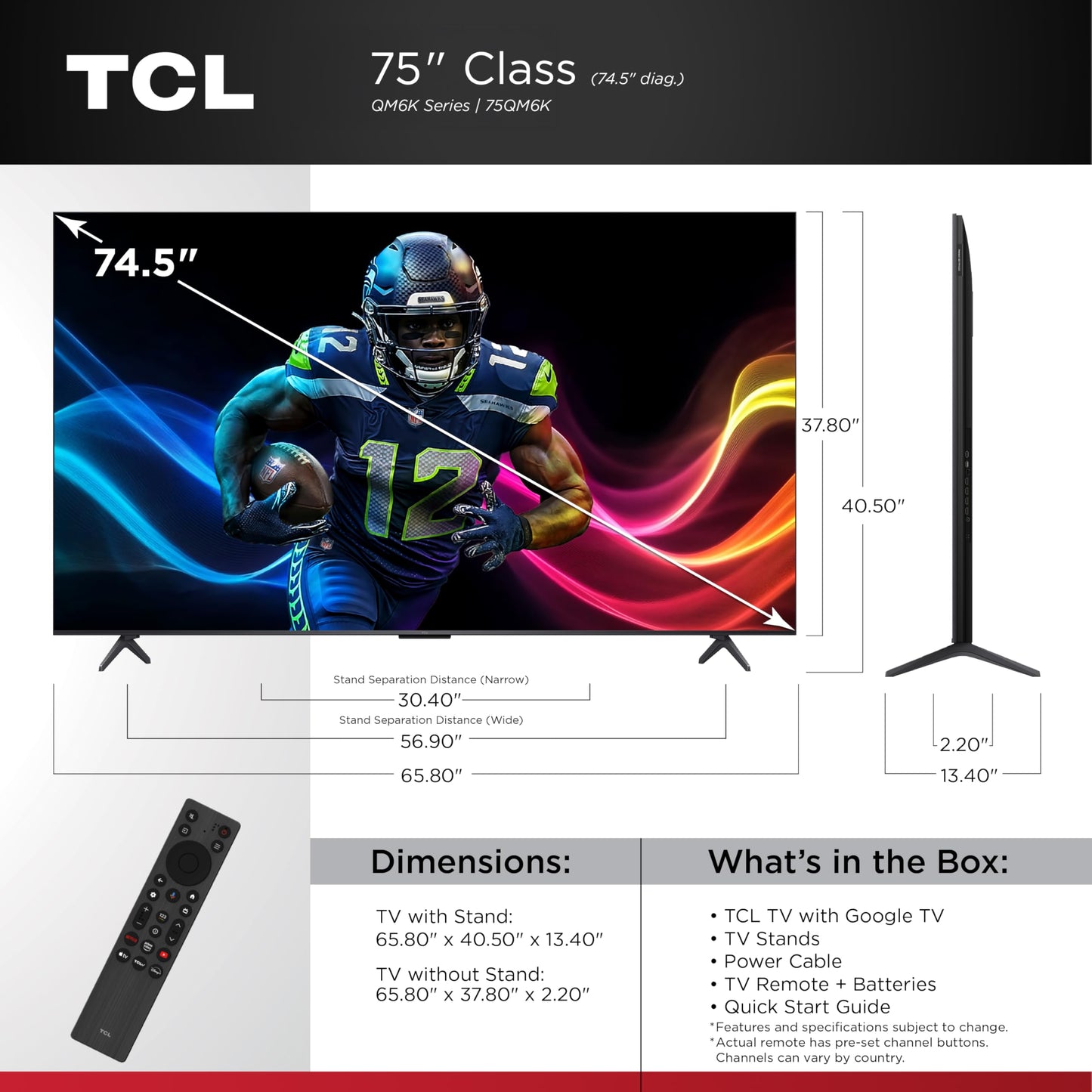 TCL 75-Inch QM6K QLED 4K Smart QD-Mini LED TV with Google TV (75QM6K, 2025 Model) Dolby Vision IQ, Dolby Atmos, HDR, Game Accelerator up to 288Hz, Voice Remote, Works with Alexa, Streaming Television