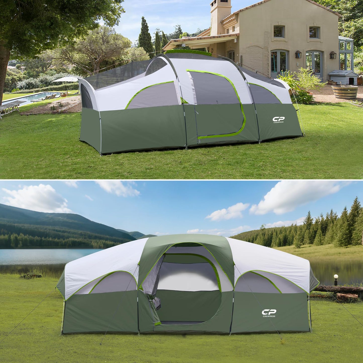 CAMPROS CP Tent 8 Person Camping Tents, Weather Resistant Family Tent, 5 Large Mesh Windows, Double Layer, Divided Curtain for Separated Room, Portable with Carry Bag