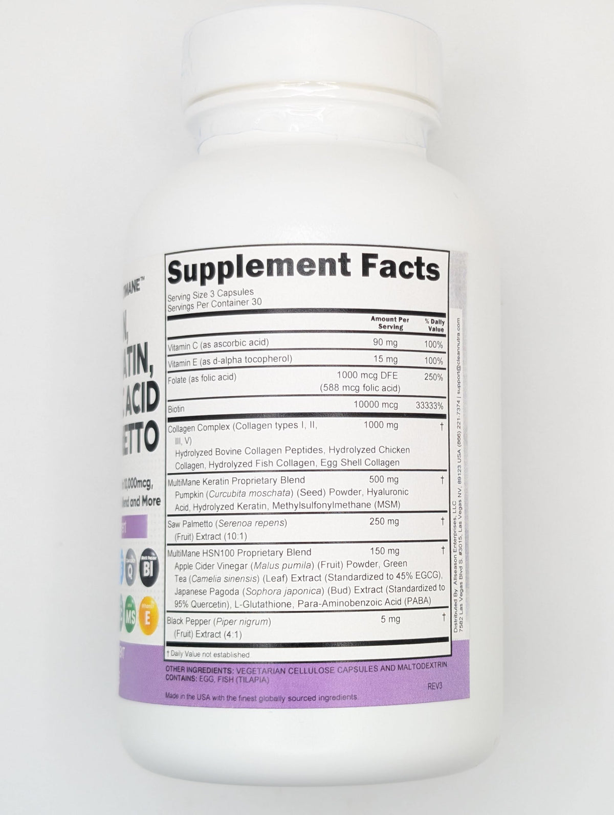 Clean Nutraceuticals Collagen Pills 1000mg Biotin 10000mcg Keratin Saw Palmetto Hyaluronic Acid - Hair Skin & Nails Vitamins & DHT Blocker with Vitamin E Folic Acid Pumpkin Seed MSM - 90 Count