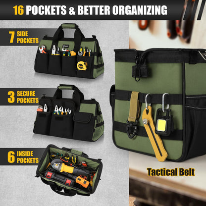 UUP 18-Inch Large Tool Bag, 16-Pocket Portable Tool Box Organizer Storage, Heavy Duty Tactical Toolbag with Big Zipper, Travel Carry Toolbox, Father Day Dad Men Electrician Contractor Welding Gift