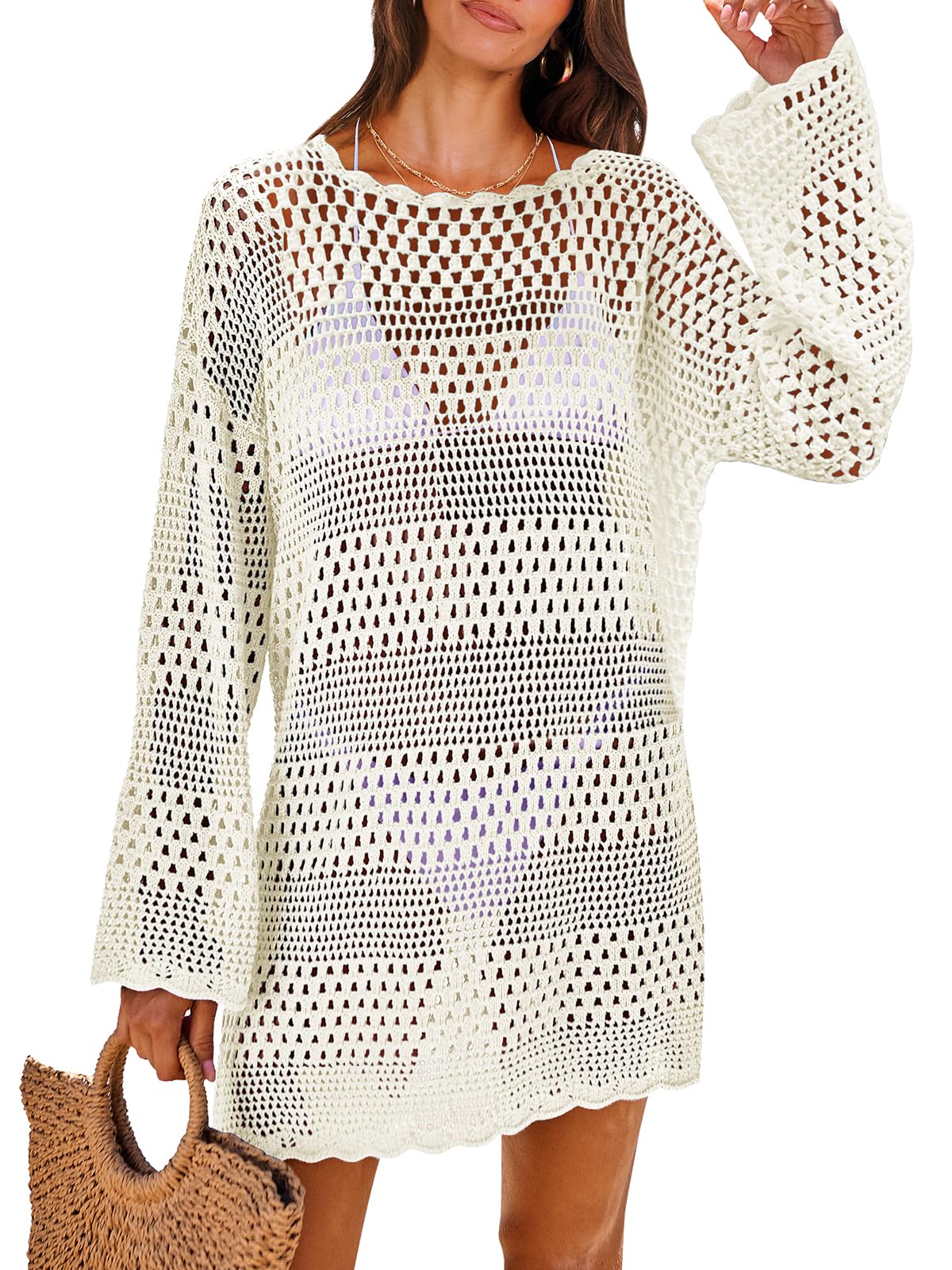 ANRABESS Women Swimsuit Crochet Swim Cover Up 2025 Summer Bathing Suit Swimwear Mesh Knit Beach Dress Vacation Outfits Cream White Large