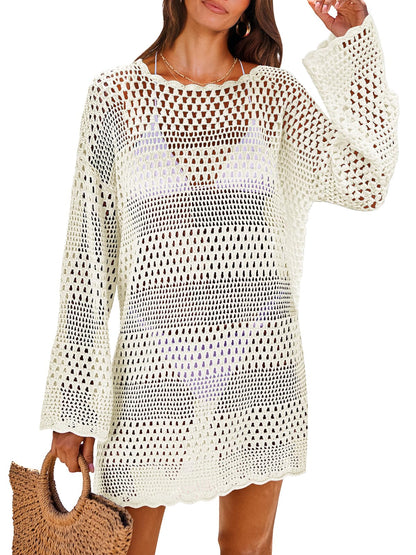ANRABESS Women Swimsuit Crochet Swim Cover Up 2025 Summer Bathing Suit Swimwear Mesh Knit Beach Dress Vacation Outfits Cream White Large