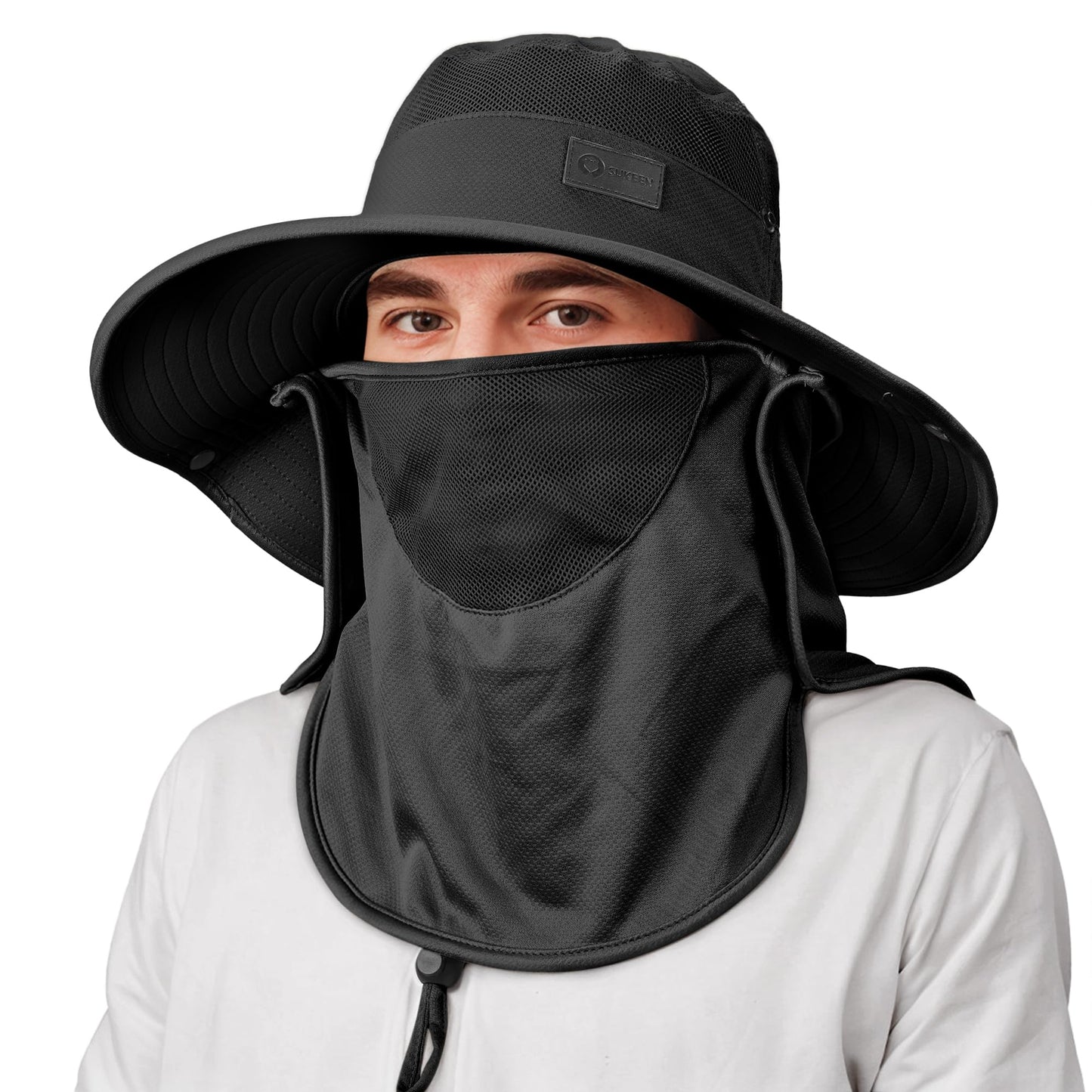 Sukeen Fishing Hat for Men Women, Wide Brim Outdoor UPF 50+ Sun Protection with Detachable Neck Flap and Face Mask (Black)