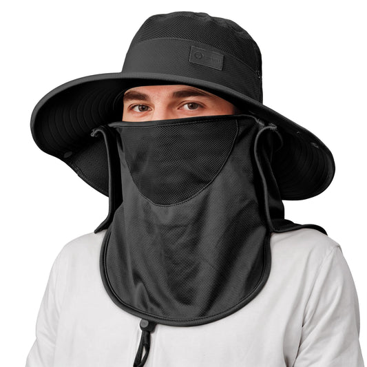 Sukeen Fishing Hat for Men Women, Wide Brim Outdoor UPF 50+ Sun Protection with Detachable Neck Flap and Face Mask (Black)