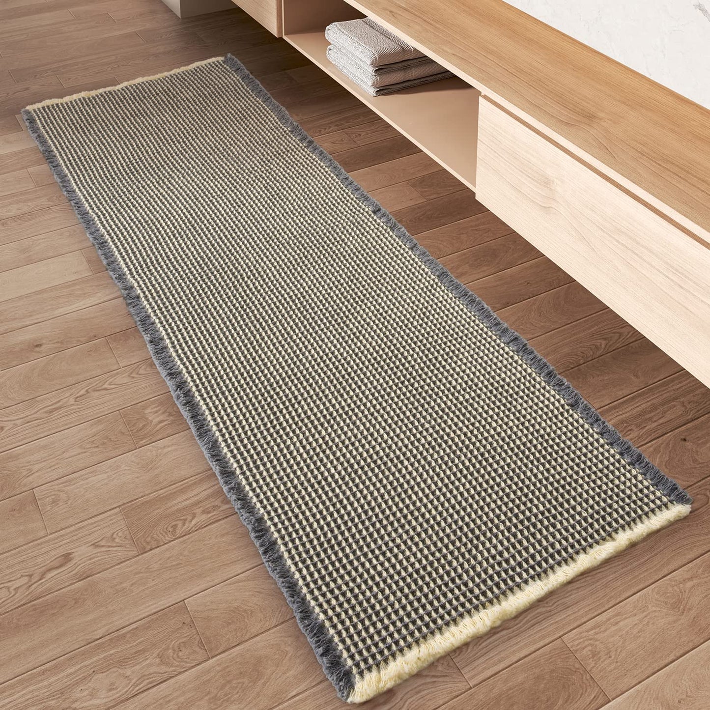 Upgraded Waffle Runner Rug Super Absorbent Non Slip Bath Mats for Bathroom Washable Bathroom Runner Rug with Tassels, Ideal for Hallway Bedroom Laundry Room, Dark Grey & Yellow, 2' x 6'(24" x 72")