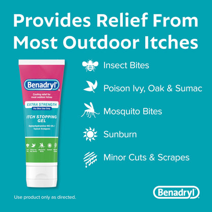 Benadryl Extra Strength Anti Itch Relief Gel, 2% Diphenhydramine HCl, Relief from Insect Bites, Sunburn & More, Great for Camping Essentials, 3.5 fl oz