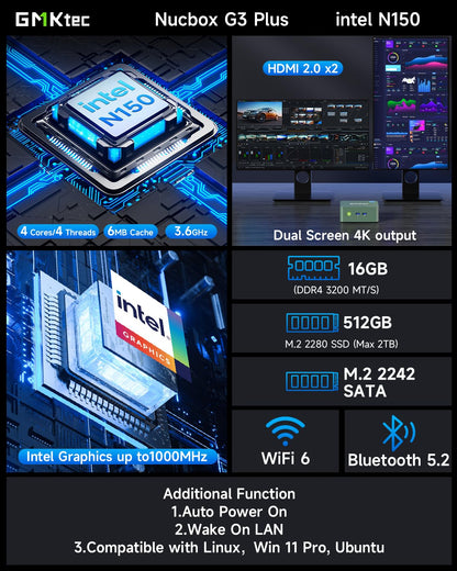 GMKtec Mini PC, Intel Twin Lake N150 (Upgraded N100), 16GB DDR4 RAM 512GB PCIe M.2 SSD, Desktop Computer 4K Dual HDMI/USB3.2/WiFi 6/BT5.2/2.5GbE RJ45 for Office, Business