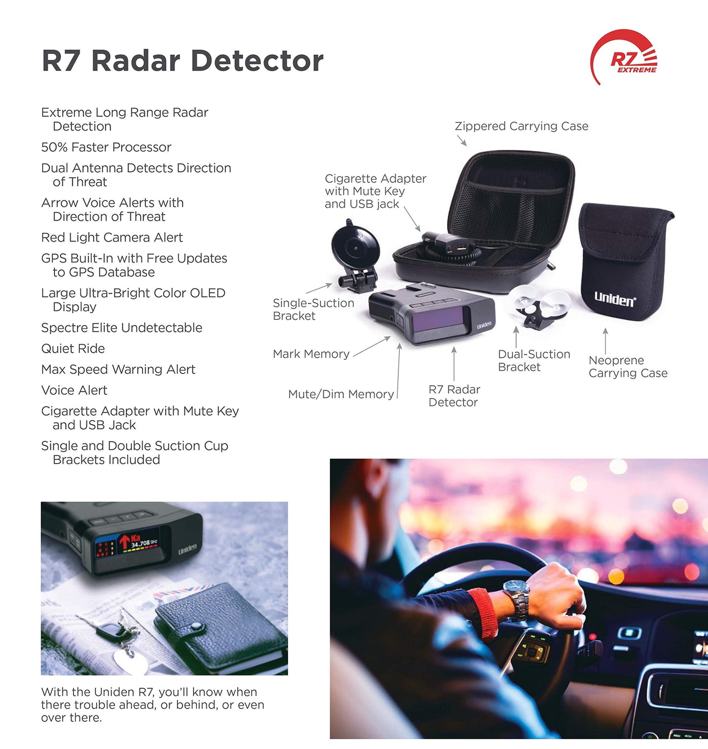 Uniden R7 Extreme Long-Range Laser-Radar Detector, Built-in GPS w/ Real-Time Alerts, Dual-Antennas Front & Rear w/Directional Arrows, Voice Alerts, Red Light Camera and Speed Camera Alerts
