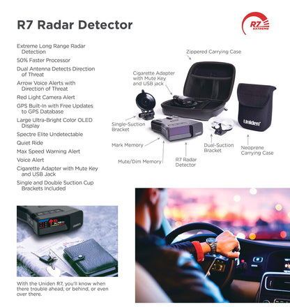 Uniden R7 Extreme Long-Range Laser-Radar Detector, Built-in GPS w/ Real-Time Alerts, Dual-Antennas Front & Rear w/Directional Arrows, Voice Alerts, Red Light Camera and Speed Camera Alerts