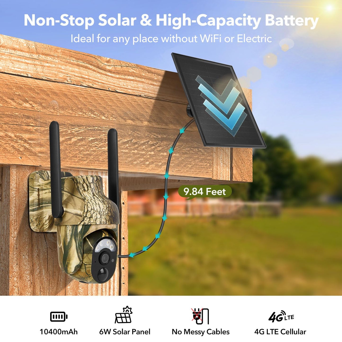 4G LTE Cellular Trail Cameras 2K 360° View Live Streaming Game Camera Built-in SIM Card with Motion Activated Color Night Vision Remote Phone Access Solar Powered Trail Camera IP65 Waterproof