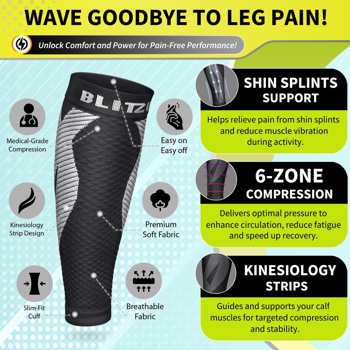 BLITZU Calf Compression Sleeves for Men and Women. Footless Compression Socks Support for Varicose Vein, Nursing, Running. Leg Sleeve Brace for Shin Splints, Pain Relief & Reduces Swelling Black L-XL
