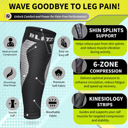BLITZU Calf Compression Sleeves for Men and Women. Footless Compression Socks Support for Varicose Vein, Nursing, Running. Leg Sleeve Brace for Shin Splints, Pain Relief & Reduces Swelling Black L-XL