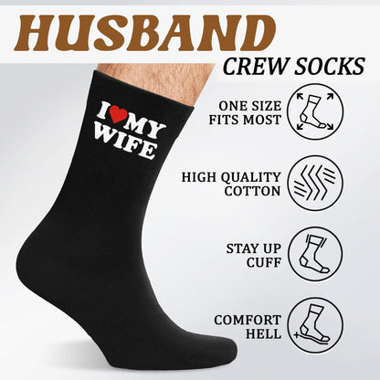 VICRAZY Valentines Day Gifts for Him, Husband, Men - Funny Gifts for Husband from Wife - Couple Gift For Anniversary, Wedding - Unique Stocking Stuffers, Birthday gift - I Love My Wife Socks
