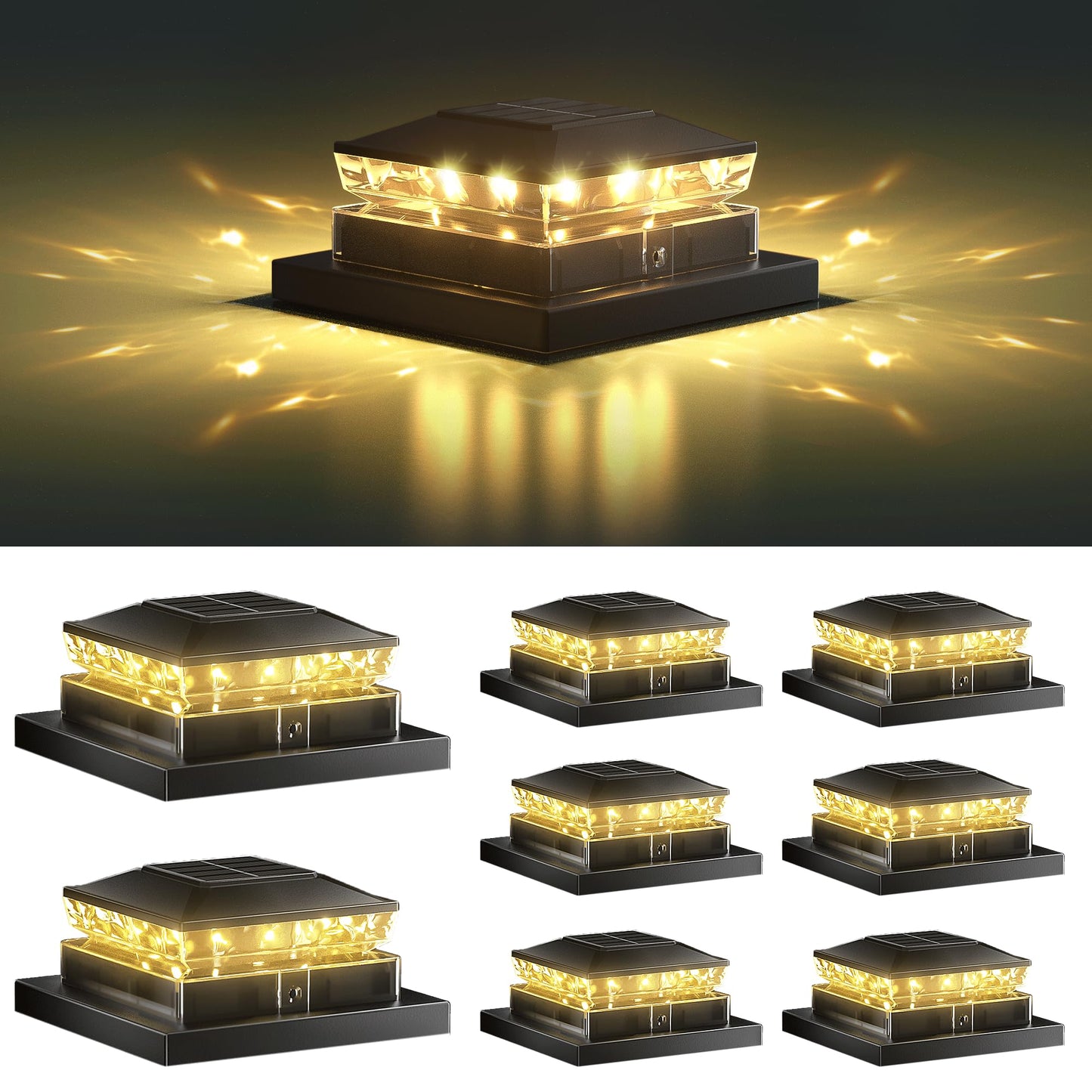 Solar Post Cap Light 8 Packs, Waterproof Solar Powered Fence Light, 4x4 IP65 Black Outdoor Post Solar Lights for Deck Garden & Patio Lights for 3.5x3.5,4x4,5x5 Wood & Vinyl Posts Warm White Lighting