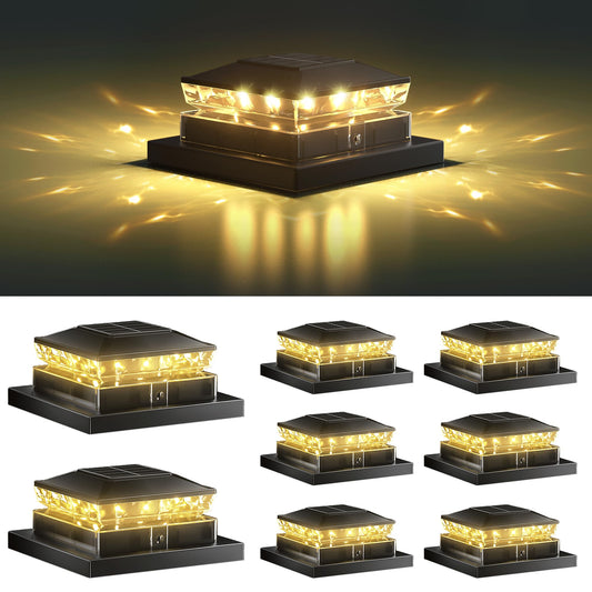 Solar Post Cap Light 8 Packs, Waterproof Solar Powered Fence Light, 4x4 IP65 Black Outdoor Post Solar Lights for Deck Garden & Patio Lights for 3.5x3.5,4x4,5x5 Wood & Vinyl Posts Warm White Lighting