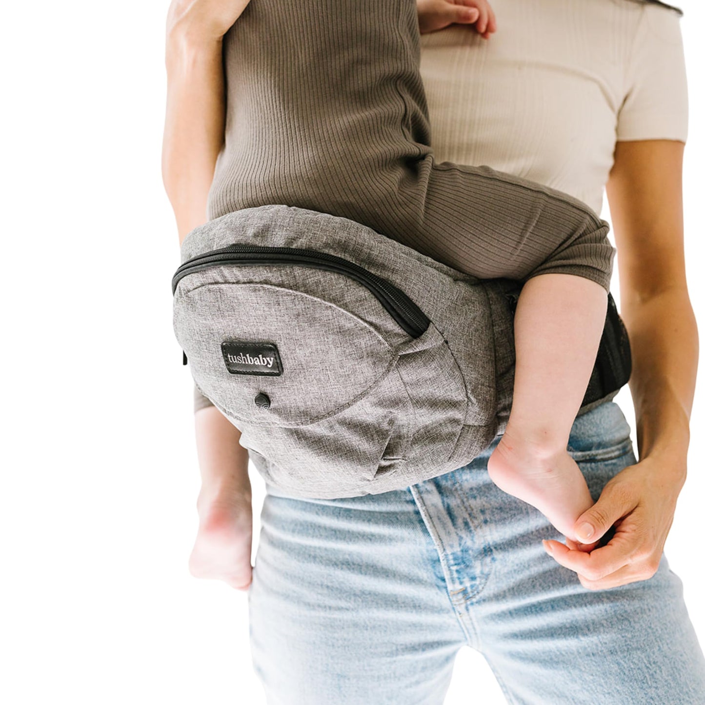Tushbaby Original Hip Seat Baby Carrier for Babies & Toddlers up to 45 lbs, Safety Certified, Lightweight No-Foam Design with Storage & Nursing Support, Grey