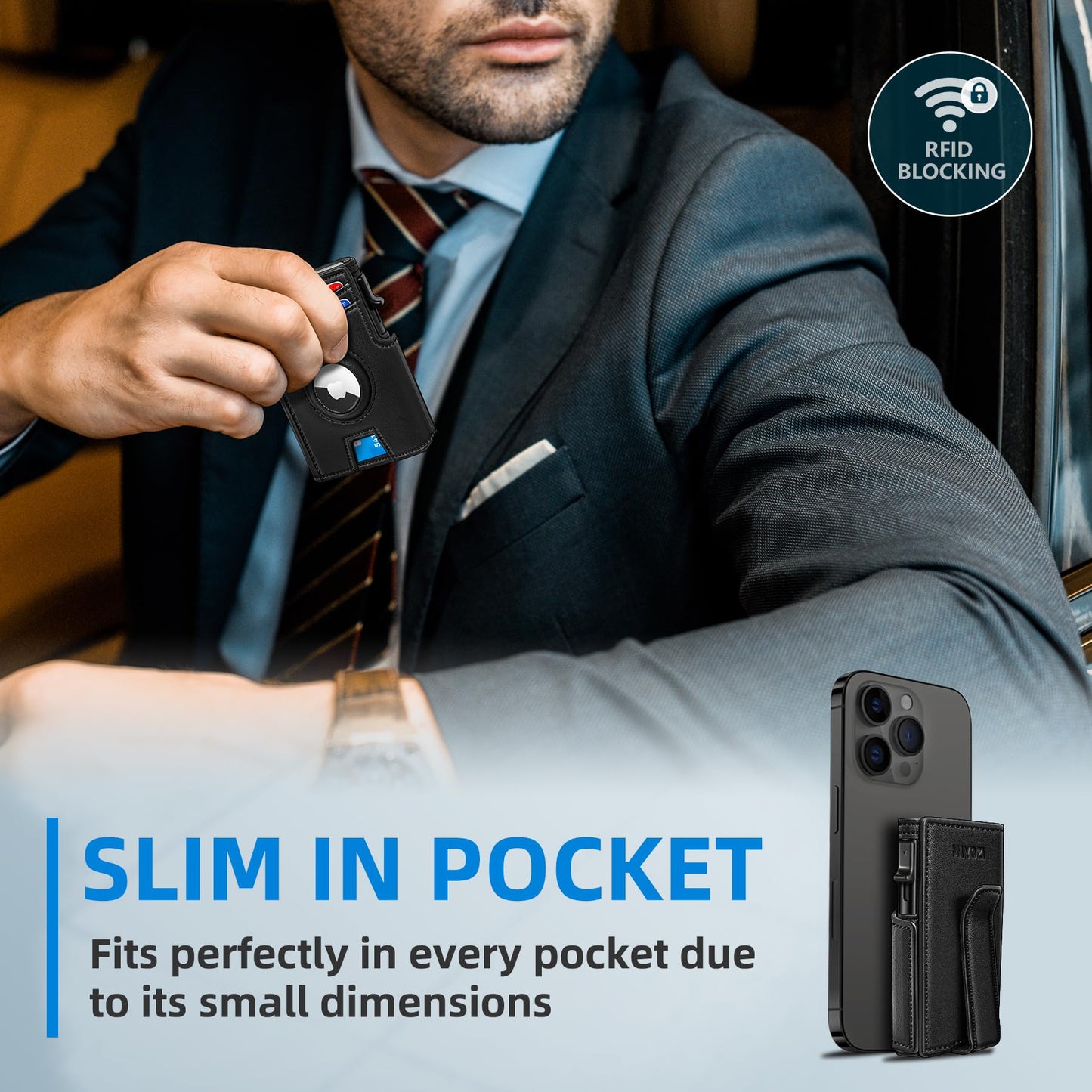 miyozi Airtag Wallet for Men,with Money Clip 10 Cards Metal Case Smart Slim Pop Up Credit Card Holder Flip with Magnetic Closure RFID Blocking wallet with Gift Box