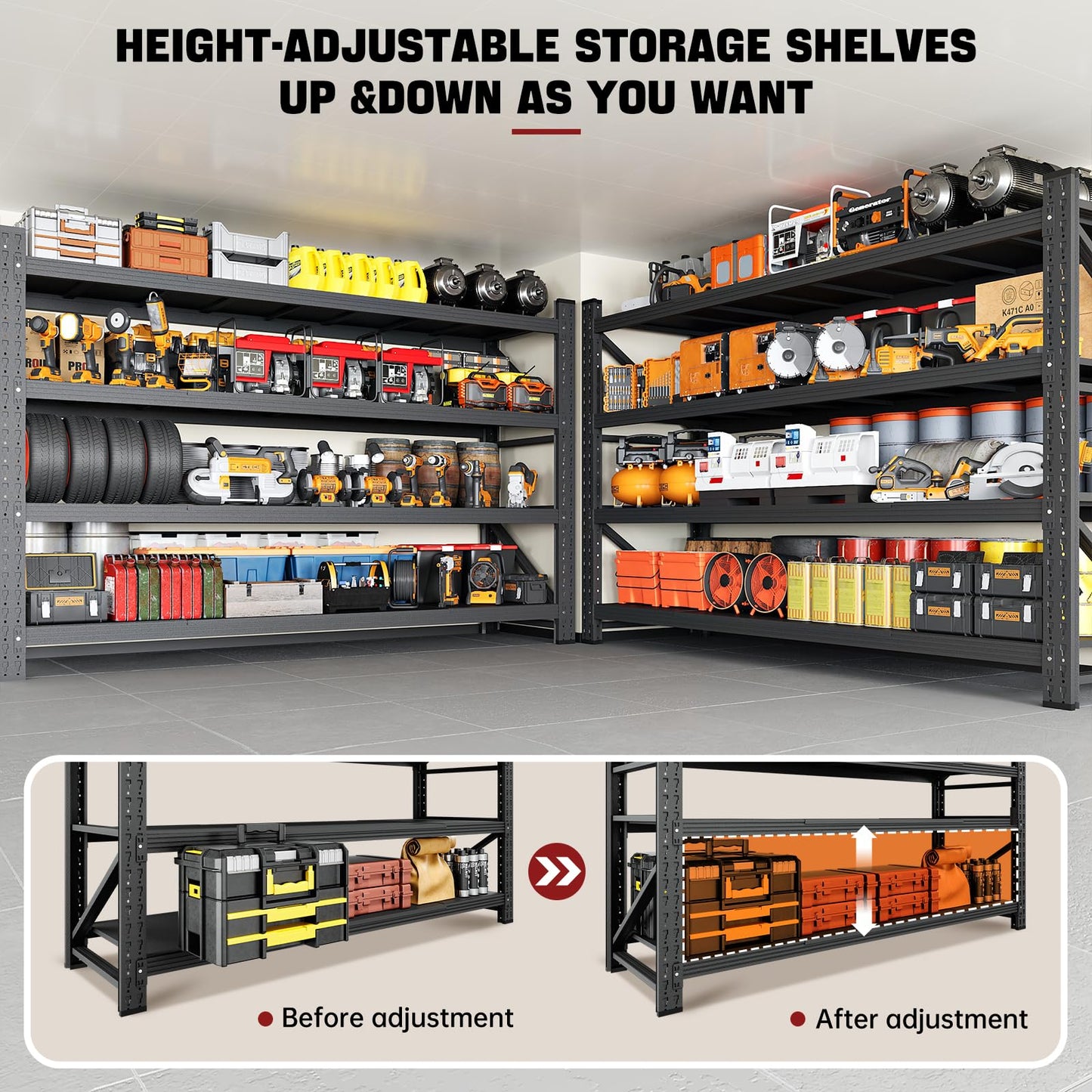 RAVIGIN 5000LBS Storage Shelves,71" W Garage Shelving Heavy Duty Metal Adjustable Garage Shelves, Shelving Units Industrial Shelving for Warehouse,71" W x 24" D x 69" H,Black