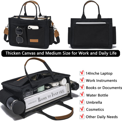ZHMO Canvas Tote Bag for Women With Compartments and Zipper,Black Women's Bags Crossbody Bags Work Laptop Tote Bag Large Satchels Handbag Tote Purse Everyday Shoulder Bag for Travel Nurse Teacher Gift