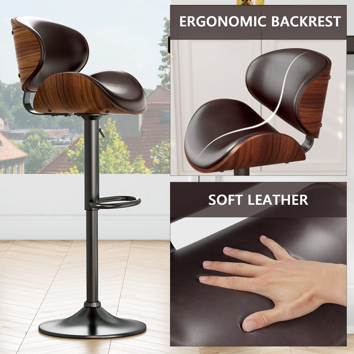 YaFiti Bar Stools Set of 4, Modern Pu Leather Swivel Adjustable Bar Stool Counter Height Stool Set, Bar Chair with Back and Footrest for Kitchen, Dining Room, Brown