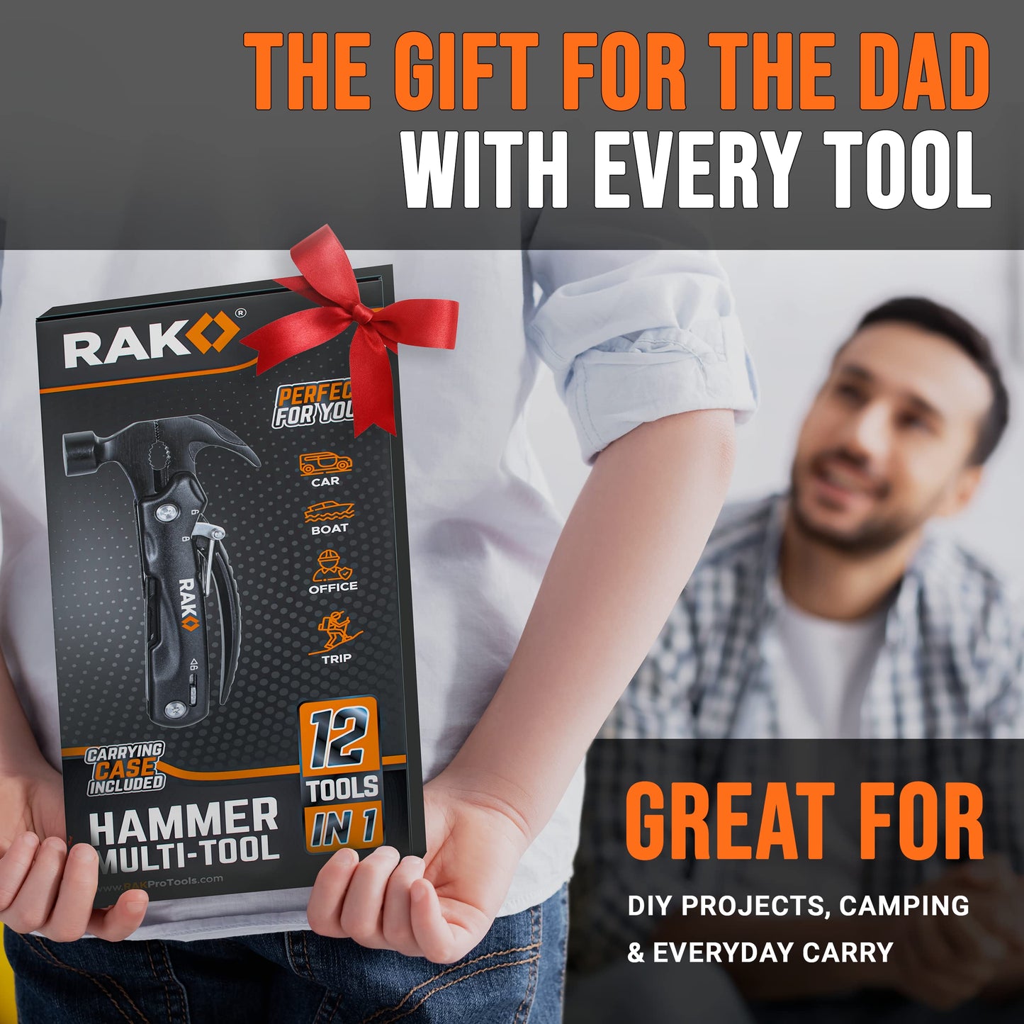 RAK Hammer Multitool BirthdayGifts for Men - Cool Unique Gifts Who Have Everything - Compact DIY Survival Multi Tool - Backpacking & Camping Accessories - Gadget Gifts