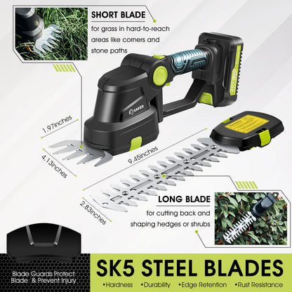 Saker Cordless Hedge Trimmer-20V Electric Shrub Trimmer Grass Shears Handheld Grass Cutter, Hedge Shear with 2 PCS Rechargeable Battery and Charger for Garden, Lawn