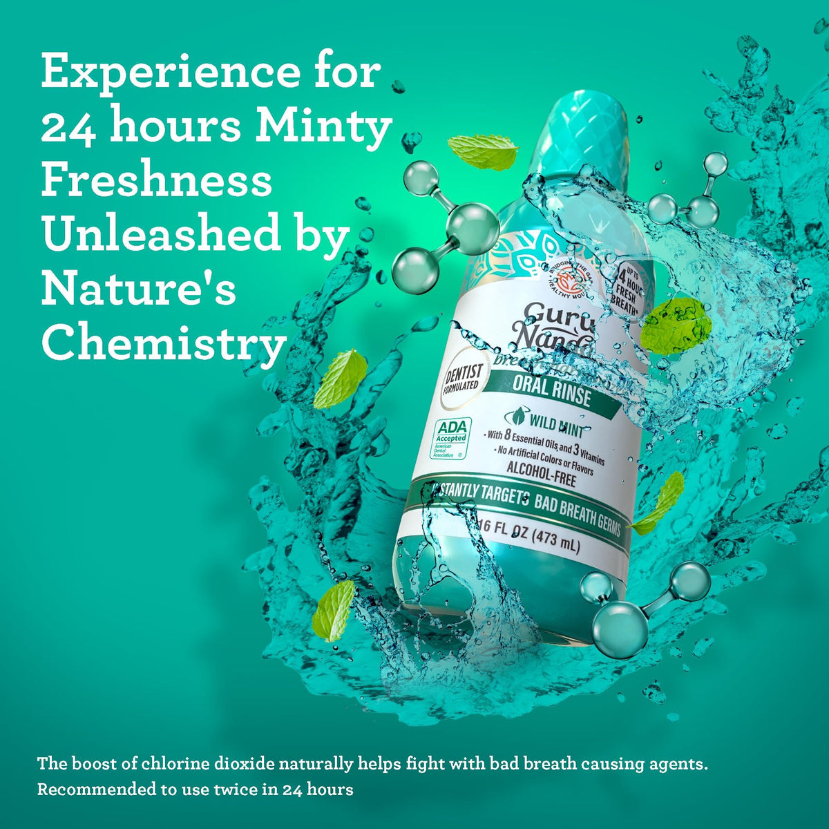 GuruNanda Fresh Breath Mouthwash, ADA-Accepted, Alcohol & Fluoride-Free, Sodium Chlorite, Essential Oils & Vitamins, 12-Hrs Fresh Breath, Wild Mint, 16 oz