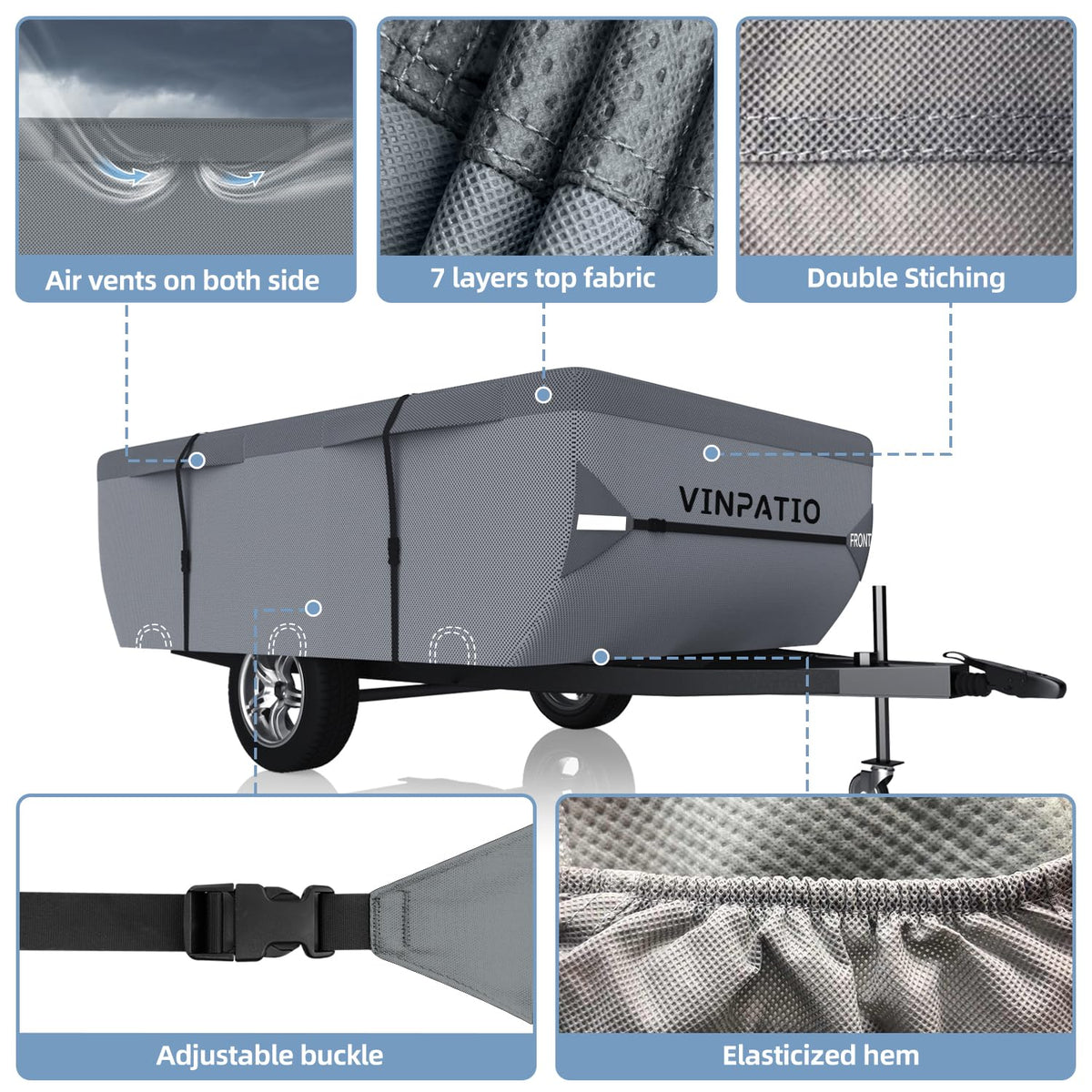 VINPATIO Pop Up Camper Cover, Folding Camper Tent Trailer Cover Fits 12'-14' Trailers, Waterproof & Anti-UV Pop-up Camper Cover with Windproof Straps