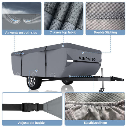VINPATIO Pop Up Camper Cover, Folding Camper Tent Trailer Cover Fits 12'-14' Trailers, Waterproof & Anti-UV Pop-up Camper Cover with Windproof Straps