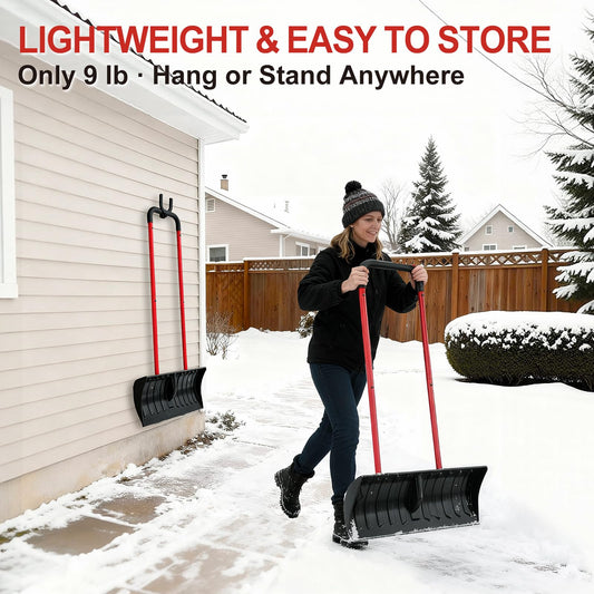 30” Snow Shovel, Heavy-Duty Snow Pusher & Snow Plow, Ergonomic Handle, Lightweight Wide Blade for Fast Snow Removal, Back Saver Winter Tool for Driveway, Sidewalk, Patio, Deck
