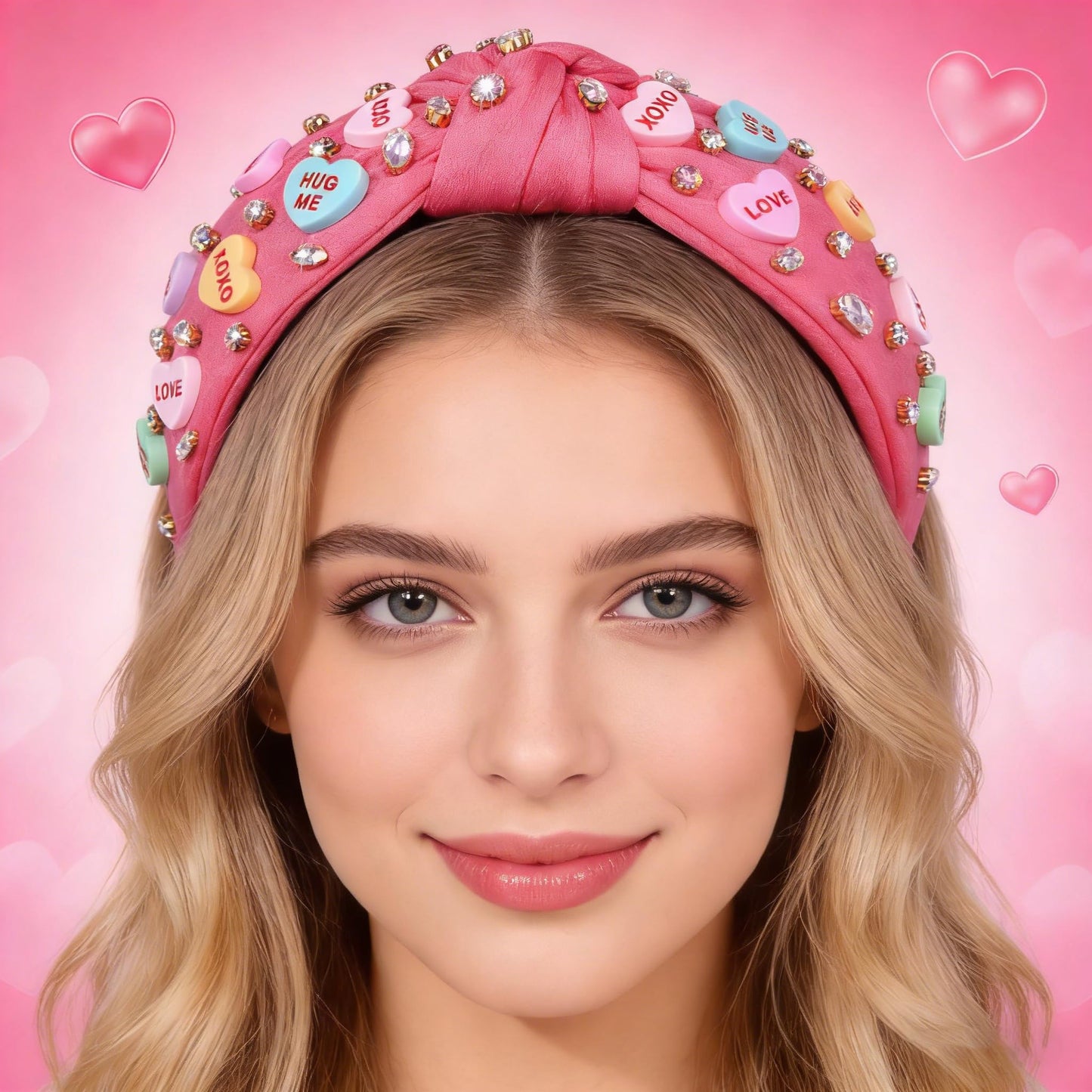 NVENF Valentine’s Day Headband for Women Love Heart Headband Jeweled Crystal Rhinestone Knotted Hairband Red Pink Wide Top Knot Hairband Valentine’s Day Hair Accessories Gifts (Letter 1 - Pink)
