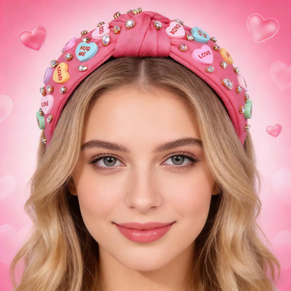 NVENF Valentine’s Day Headband for Women Love Heart Headband Jeweled Crystal Rhinestone Knotted Hairband Red Pink Wide Top Knot Hairband Valentine’s Day Hair Accessories Gifts (Letter 1 - Pink)