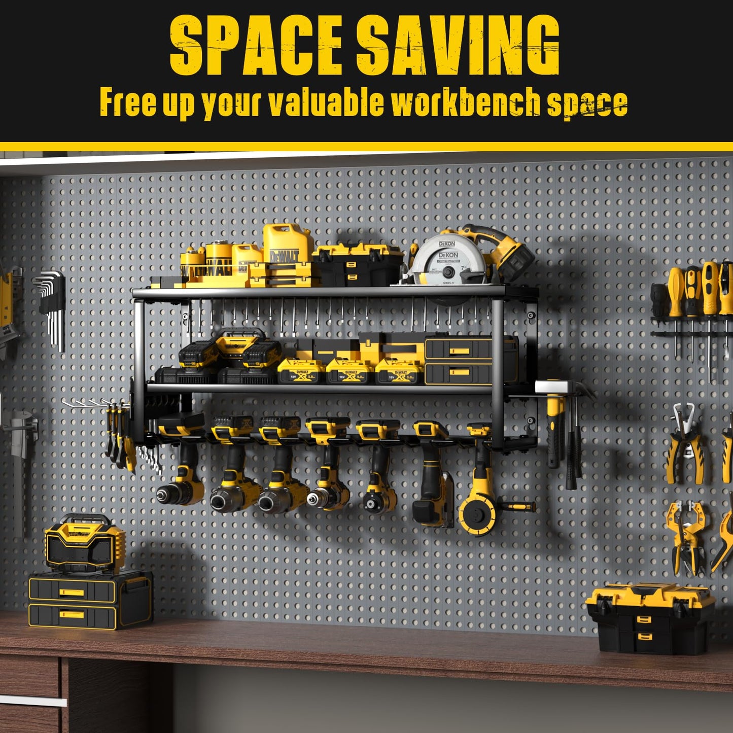 MOOMSINE Heavy Duty Power Tool Organizer Wall Mount, Storage Rack for Garage Organization, Cordless Drill Holder and Battery Shelf, Metal Tool Organizers with Charging Station