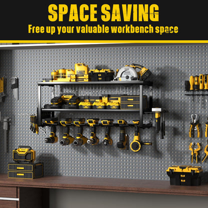 MOOMSINE Heavy Duty Power Tool Organizer Wall Mount, Storage Rack for Garage Organization, Cordless Drill Holder and Battery Shelf, Metal Tool Organizers with Charging Station