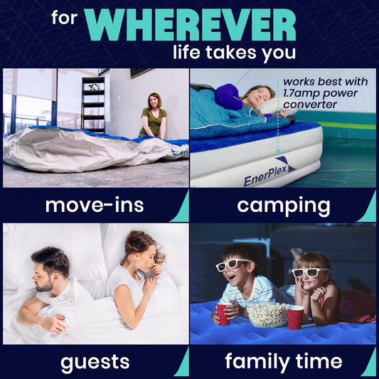 EnerPlex Queen Air Mattress with Built in Pump - 15" Luxury Size Self-Inflating Blow Up Mattress with Neck Support - Inflatable Air Bed for Portable Travel & Home Use (Blue/White)