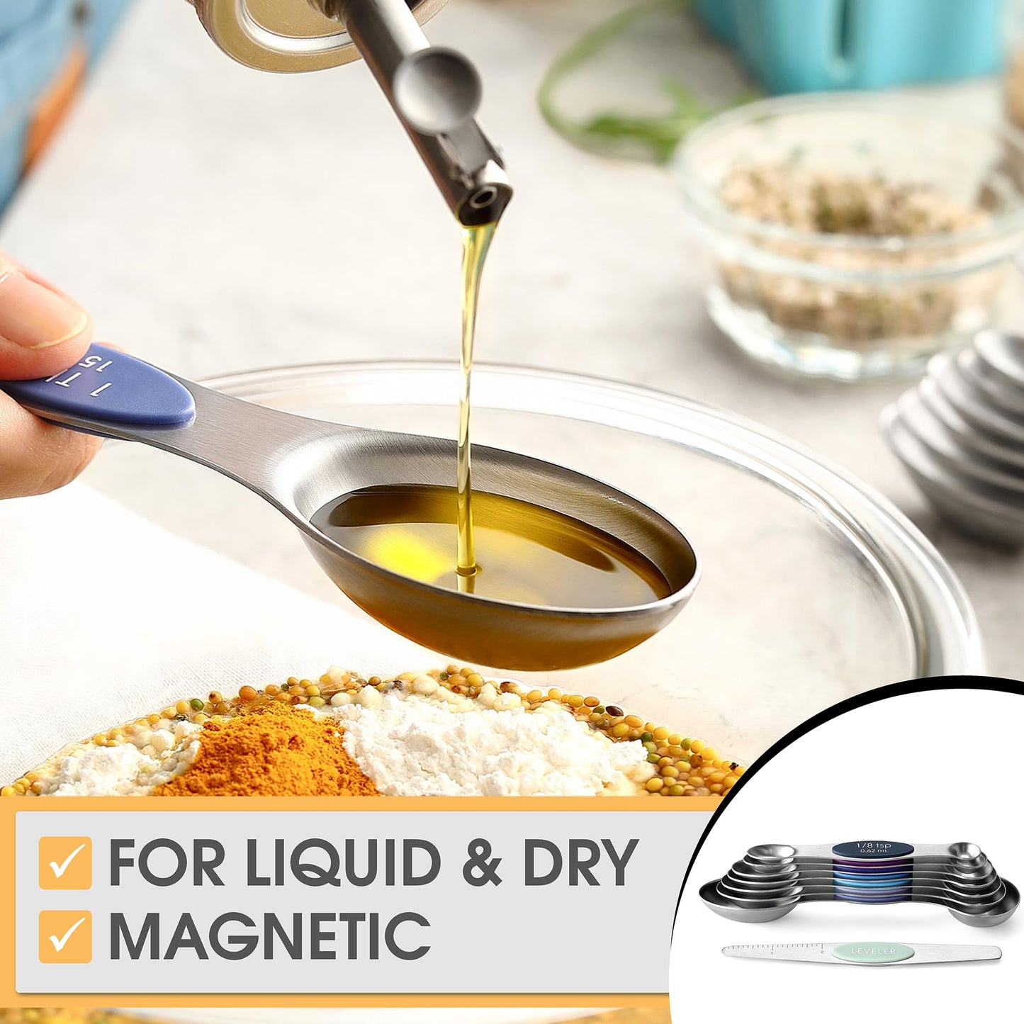 Spring Chef Stainless Steel Magnetic Measuring Spoons Set of 8 with Leveler, Dual Sided Metal Teaspoon & Tablespoon Measuring Spoons, Nesting Kitchen Gadgets for Baking & Cooking - Winter Frost