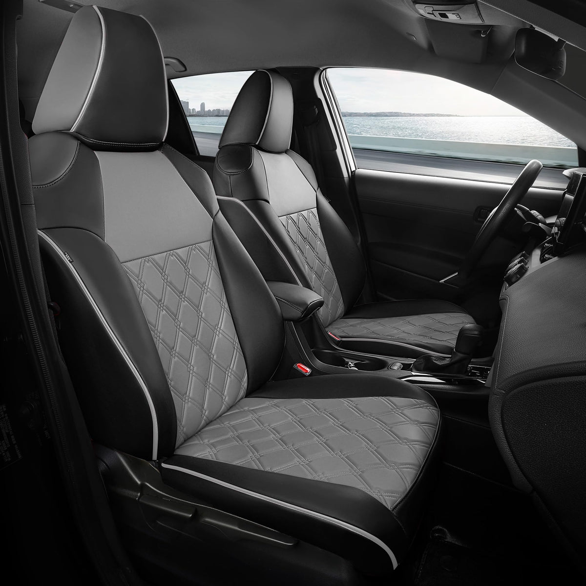 FREESOO for Toyota Corolla Seat Covers Hybird LE 2023 2024 2025, Custom Fit Car Seat Covers, Waterproof Car Seat Cover Protector Cushions, Luxury Leather Seat Covers for Cars, Black Gray Full Set