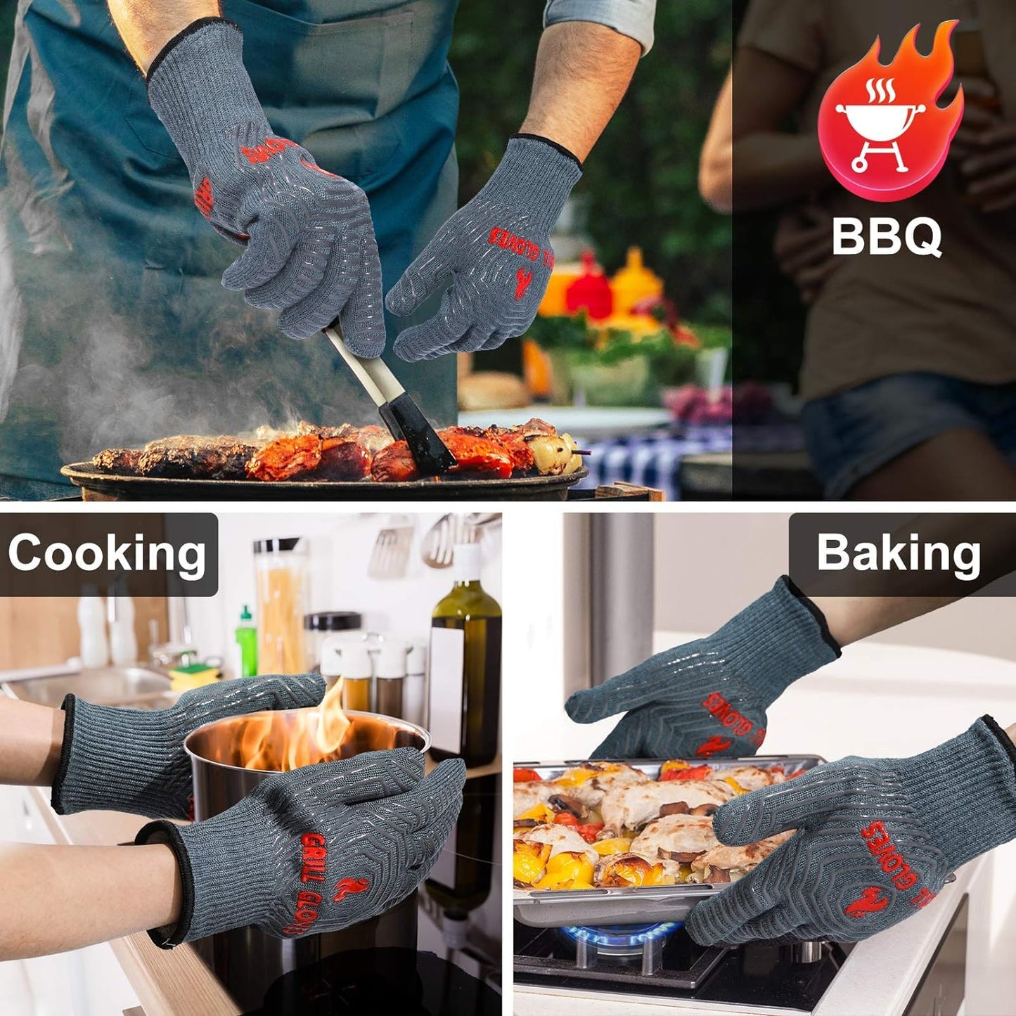 ZOPTIL Oven Gloves Grill Gloves, 1472℉ Heat Proof Non-Slip Grill Oven Gloves with Fingers, Men & Women BBQ Accessories for Cooking, Barbecuing, Baking, Kitchen and Cutting - 1 Pair（11inch）