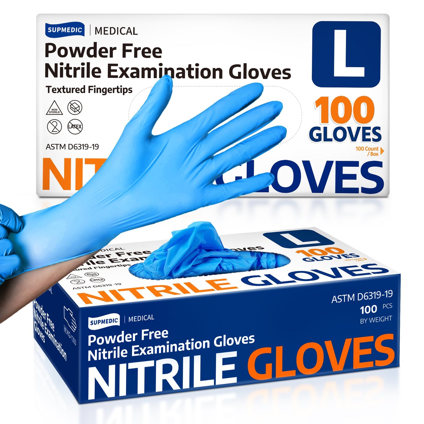 Supmedic Medical Nitrile Exam Gloves, Latex-Free, Powder-Free, Food Safe, Cooking Food Prep, Disposable Gloves, Blue, 100 Pcs (Large)