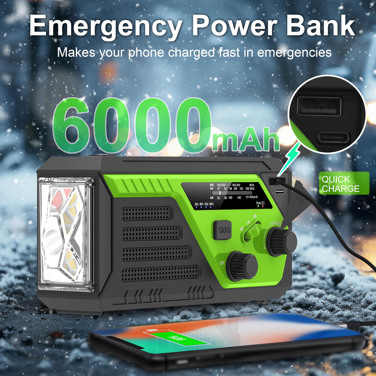 6000mAh/22200mWh Hand Crank Emergency Radio, AM/FM/NOAA Weather Radio, Hand Crank Radio with 4 Built-in Cable, Emergency Weather Radio with Quickly Phone Charger, SOS Alarm for Emergency Winter Storm