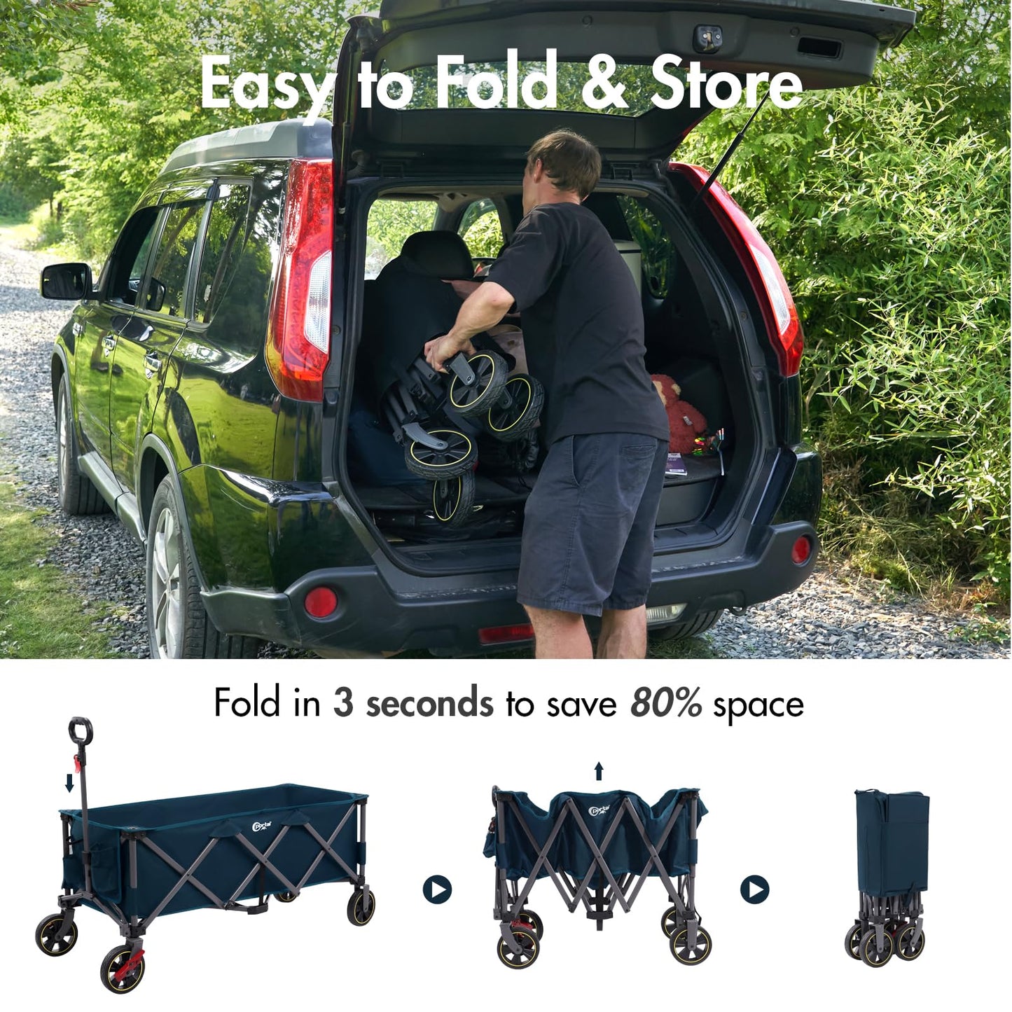 PORTAL 51.2" Long Wagons Carts Foldable, 400L Large Collapsible Wagon with Wheels, 350 LBs Folding Wagon for Sports, Camping, Grocery