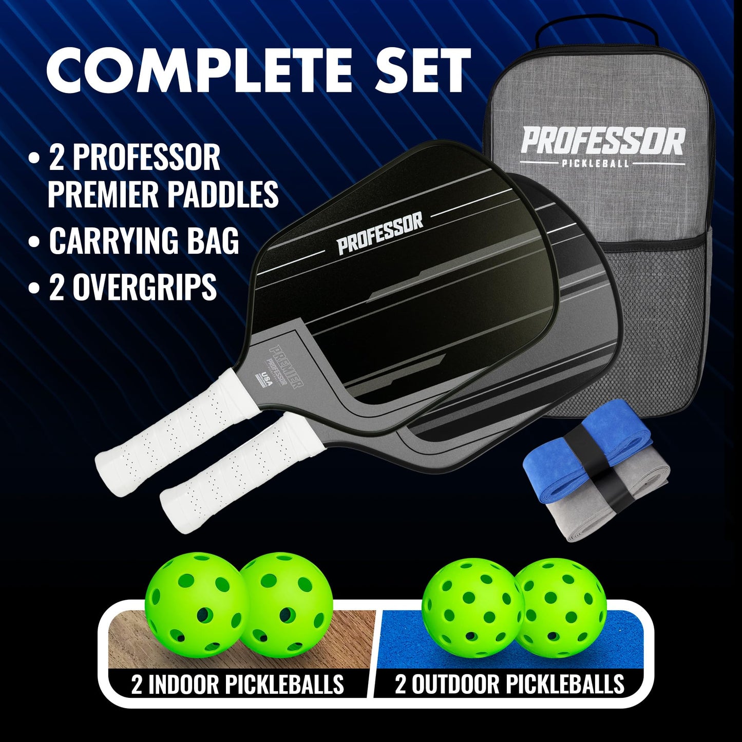 Professor Premier Pickleball Paddle Set of 2 Fiberglass Surface Paddles, 4 Balls, Carrying Bag & Grips - 2024 USAPA Approved!…