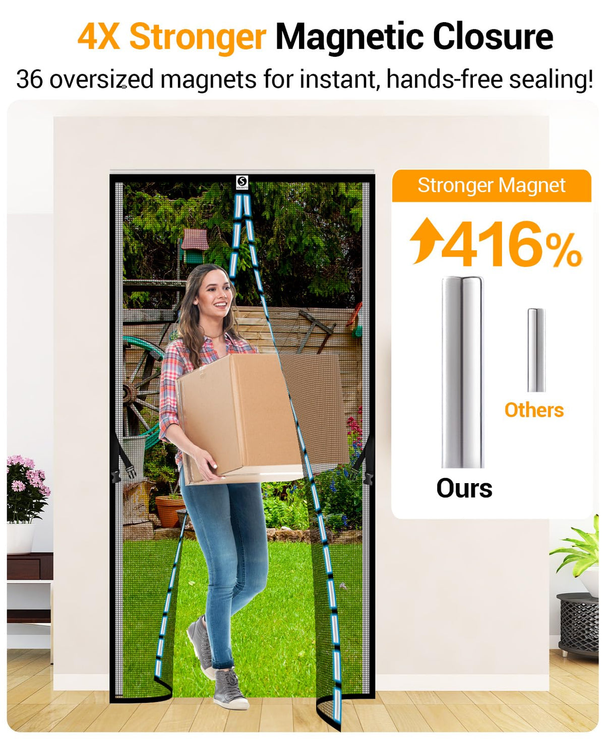 SOLODOTO Magnetic Screen Door For 36" x 82" Door– Military-Grade Fiberglass Screen Door Mesh, 10X More Durable, 4X Stronger Door Screen Magnetic Closure, 2X Stronger 3M Adhesive, Hands-Free, Bug-Proof