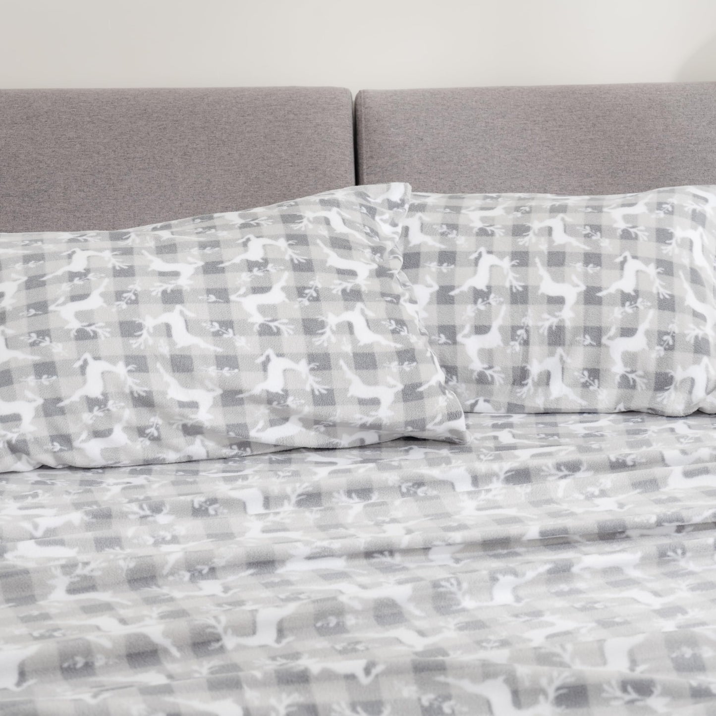 Berkshire Blanket Ultra-Soft Printed Microfleece Knit Sheet Set – 3-Piece Twin Set – Lightweight, Breathable, All-Season Comfort, Folk Buffalo Check Reindeer Grey