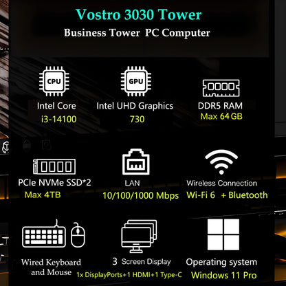Dell Tower PC Desktop Computer for Home & Business, 14th Gen Intel Core i3-14100 (Beat i5-12400), 32GB DDR5 RAM, 1TB PCIe SSD, WiFi 6, Bluetooth, Windows 11 Pro