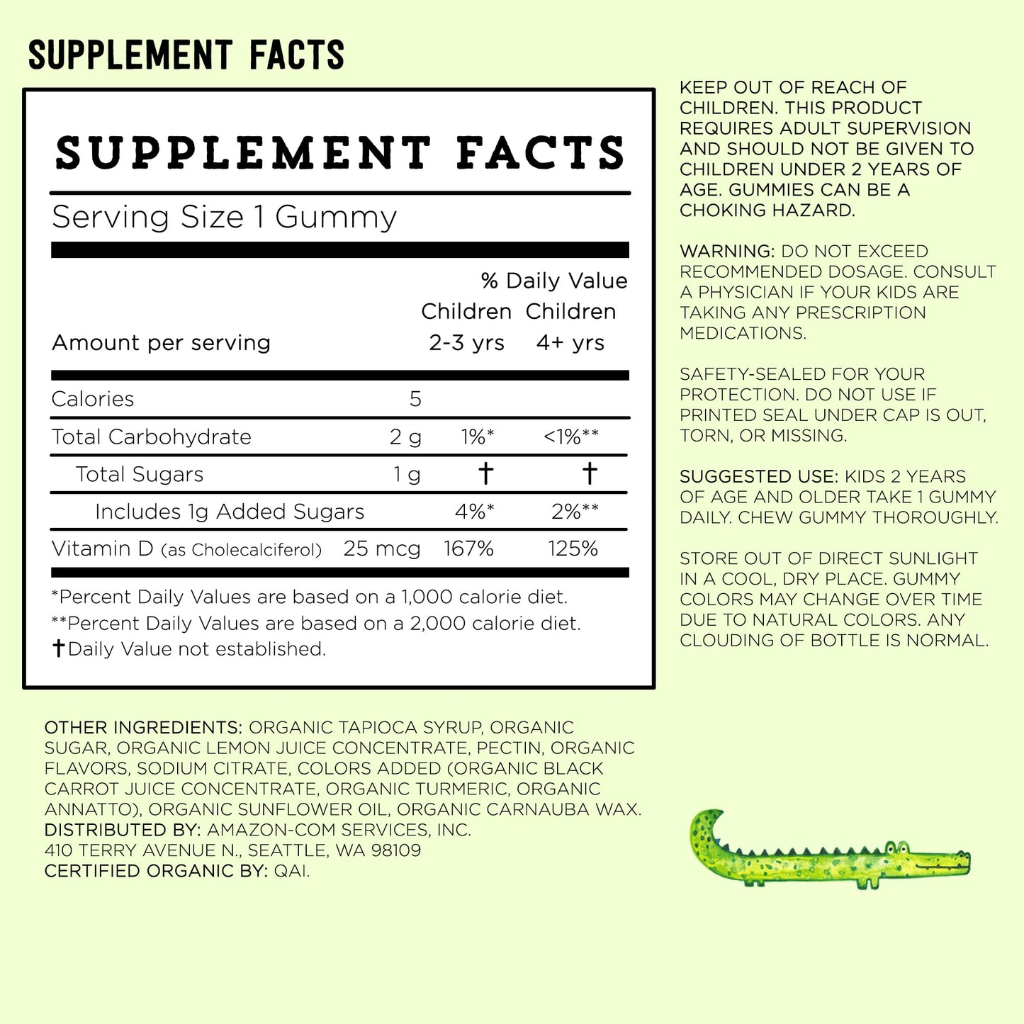 Amazon Brand - Mama Bear Organic Kids Vitamin D3 25 mcg (1000 IU) Gummies per serving, Bone and Immune Health, Strawberry, 80 Count